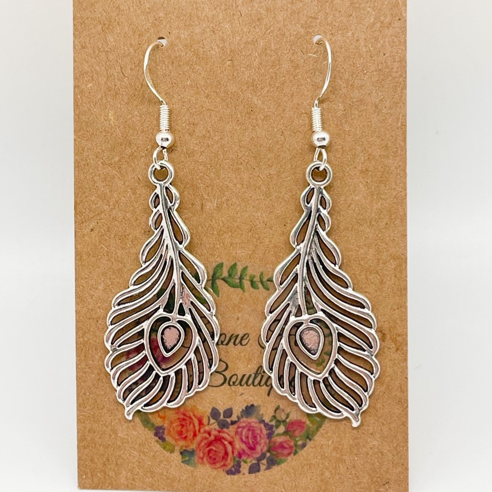 BoHo .925 Sterling Silver Hook Wire Earrings with Peacock Feather Novelty Charms